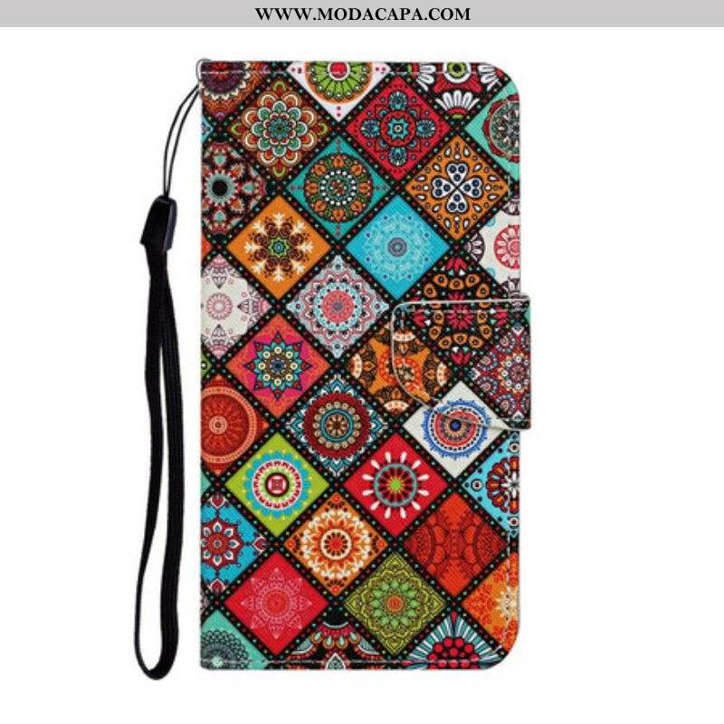 Capa De Couro Para iPhone 13 Pro Mandalas De Patchwork Com Cordão