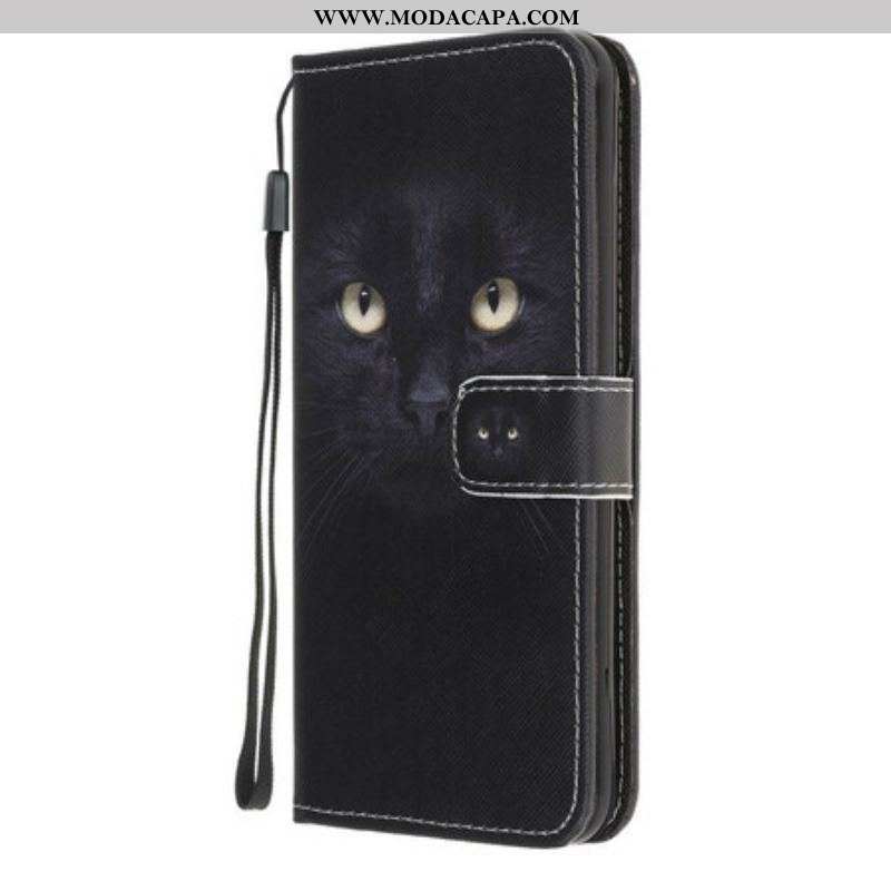 Capa Folio Para iPhone 13 Pro De Cordão Olhos De Gato Preto Com Tiras