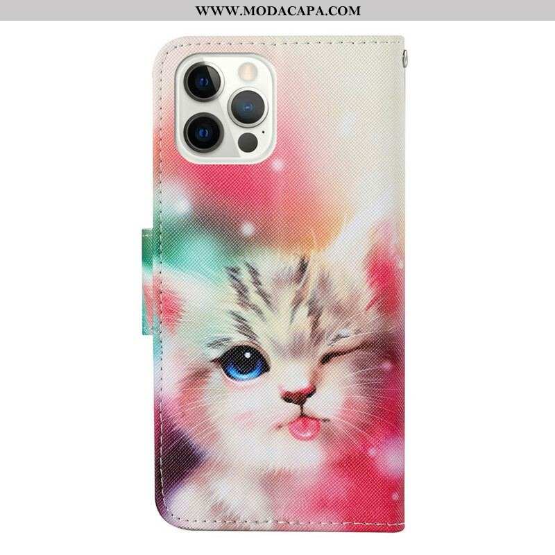 Capa Folio Para iPhone 13 Pro Histórias De Gatos Com Cordão