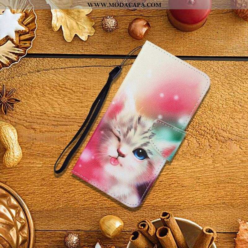 Capa Folio Para iPhone 13 Pro Histórias De Gatos Com Cordão