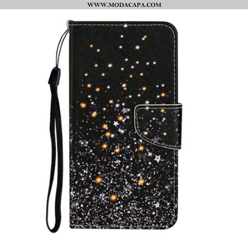 Capa De Couro Para iPhone 13 Pro Estrelas E Lantejoulas Com Cordão