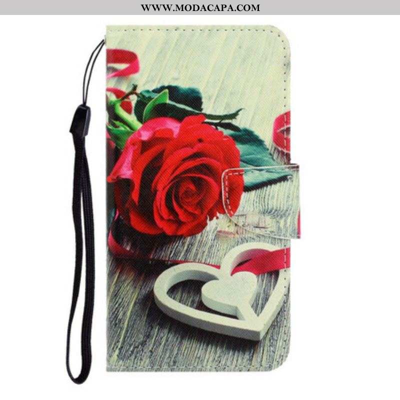 Capa Flip Para iPhone 13 Pro De Cordão Rosa Romântica Com Alça