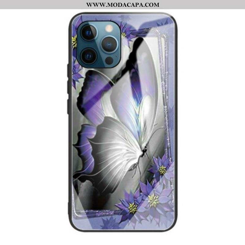 Capa Para iPhone 13 Pro Vidro Temperado Borboleta Roxa