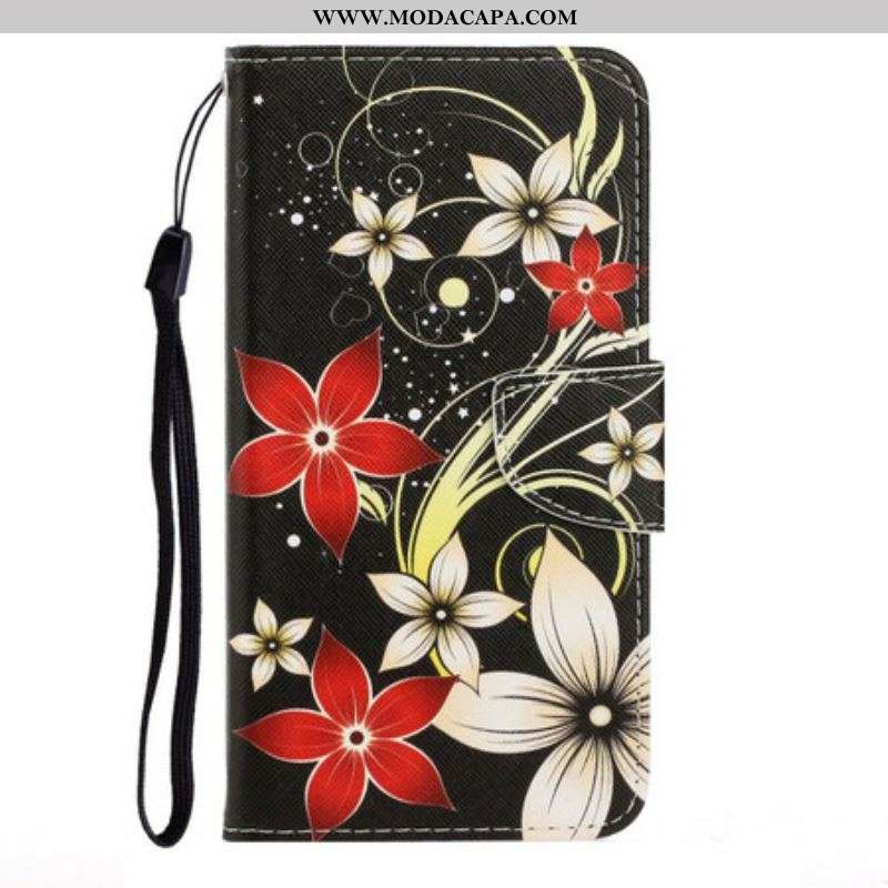 Capa Folio Para iPhone 13 Pro De Cordão Flores Coloridas Com Tiras