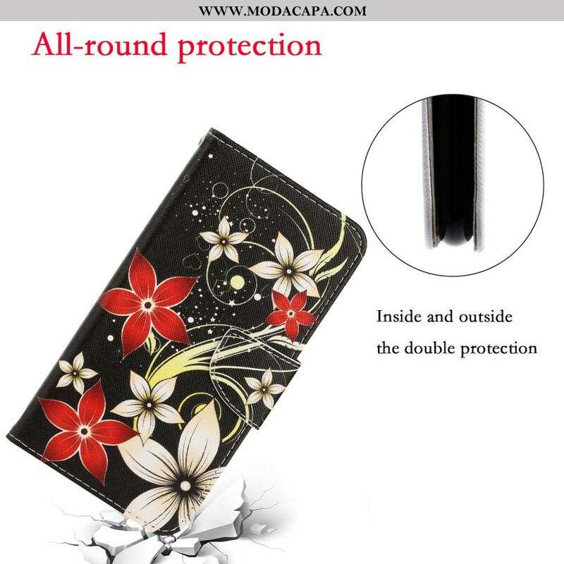 Capa Folio Para iPhone 13 Pro De Cordão Flores Coloridas Com Tiras