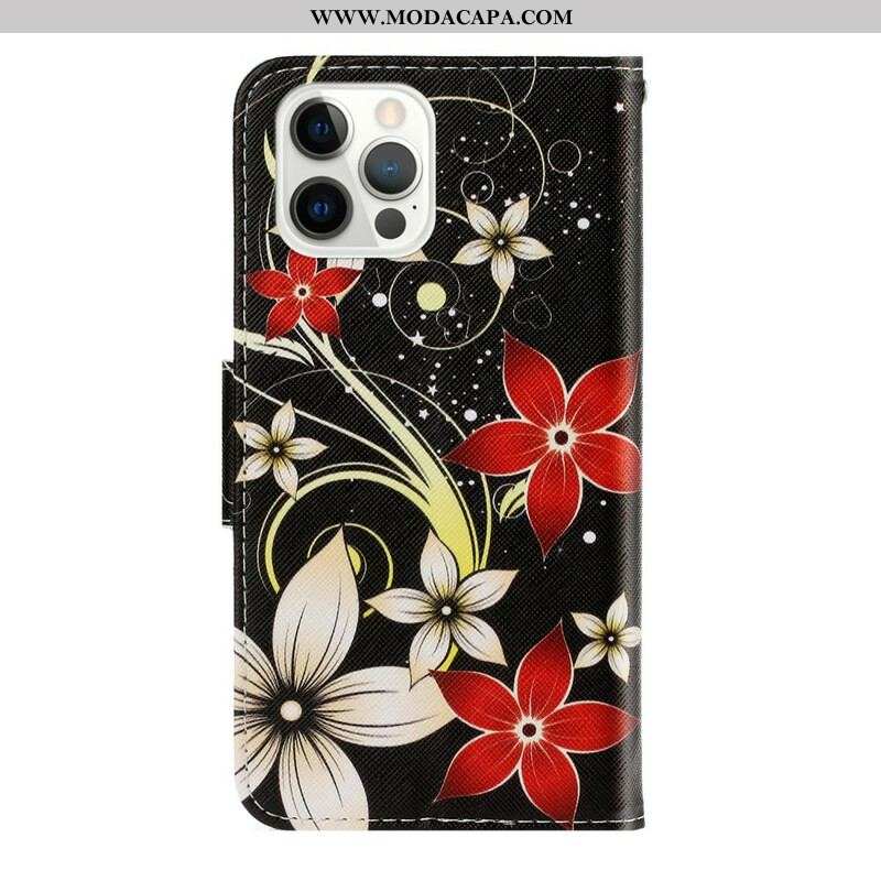 Capa Folio Para iPhone 13 Pro De Cordão Flores Coloridas Com Tiras