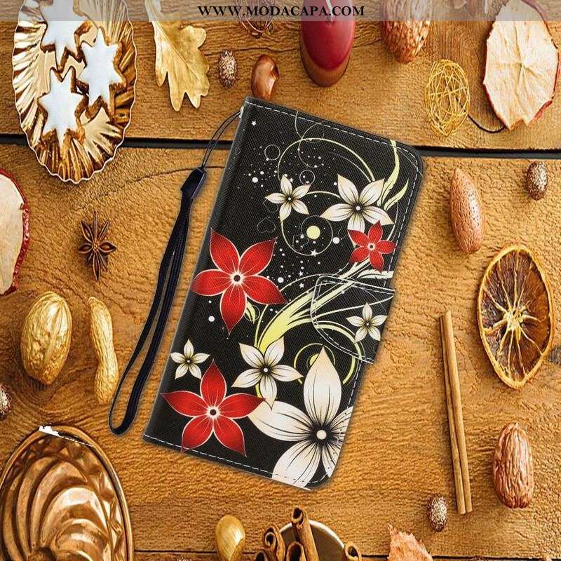 Capa Folio Para iPhone 13 Pro De Cordão Flores Coloridas Com Tiras