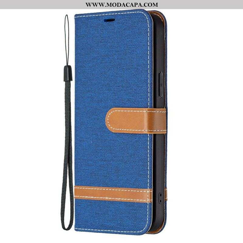 Capa Flip Para iPhone 13 Pro De Cordão Correia Efeito Tecido E Couro