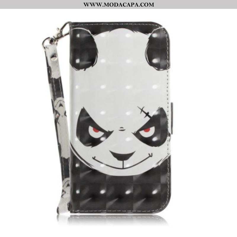 Capa De Couro Para iPhone 14 Plus De Cordão Panda Irritado Com Cordão