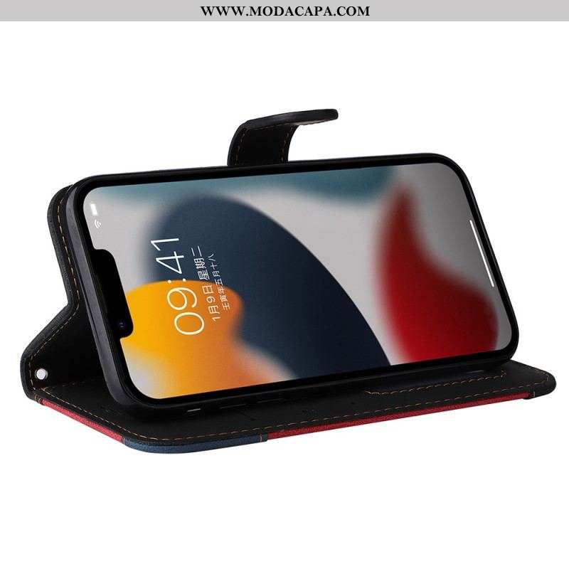 Capa Flip Para iPhone 14 Plus Tricolor Com Cordão