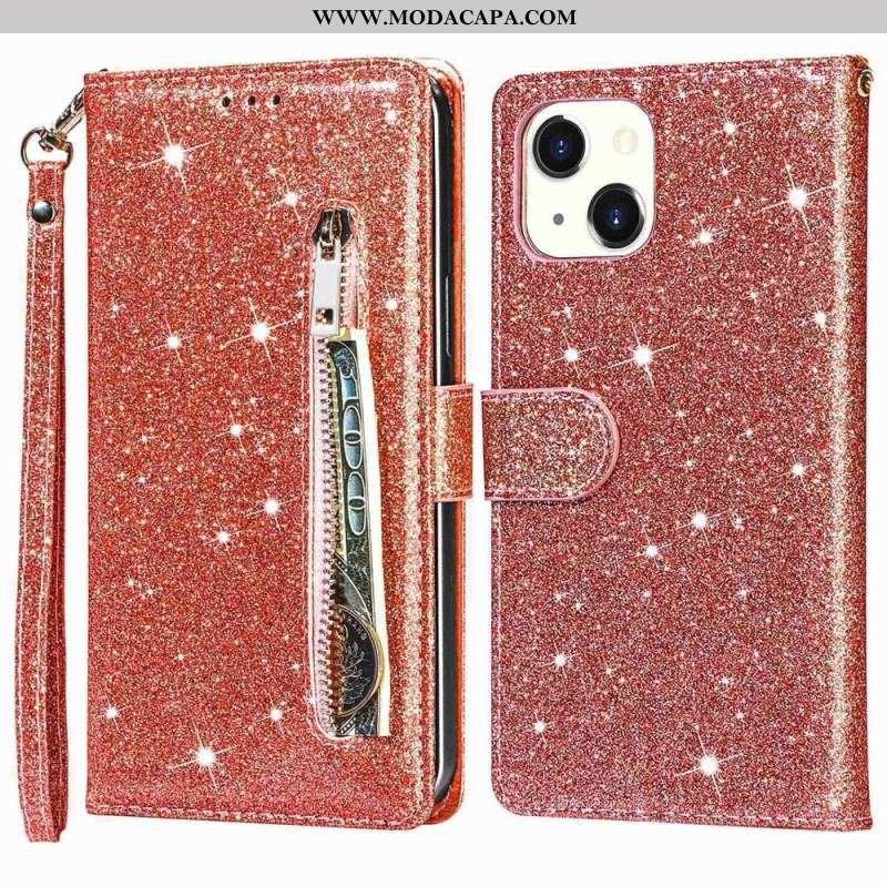 Capa Folio Para iPhone 14 Plus Bolsa De Moedas Glitter