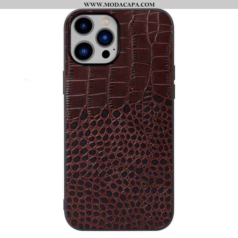 Capa Para iPhone 14 Plus Couro Genuíno Com Textura De Crocodilo