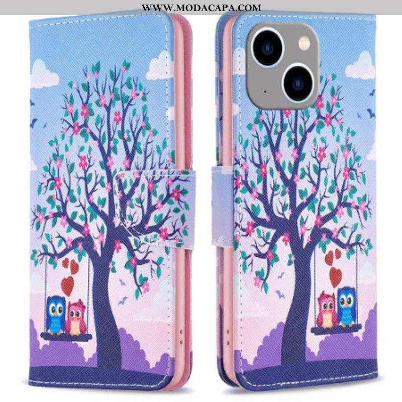 Capa Flip Para iPhone 14 Plus Corujas No Balanço