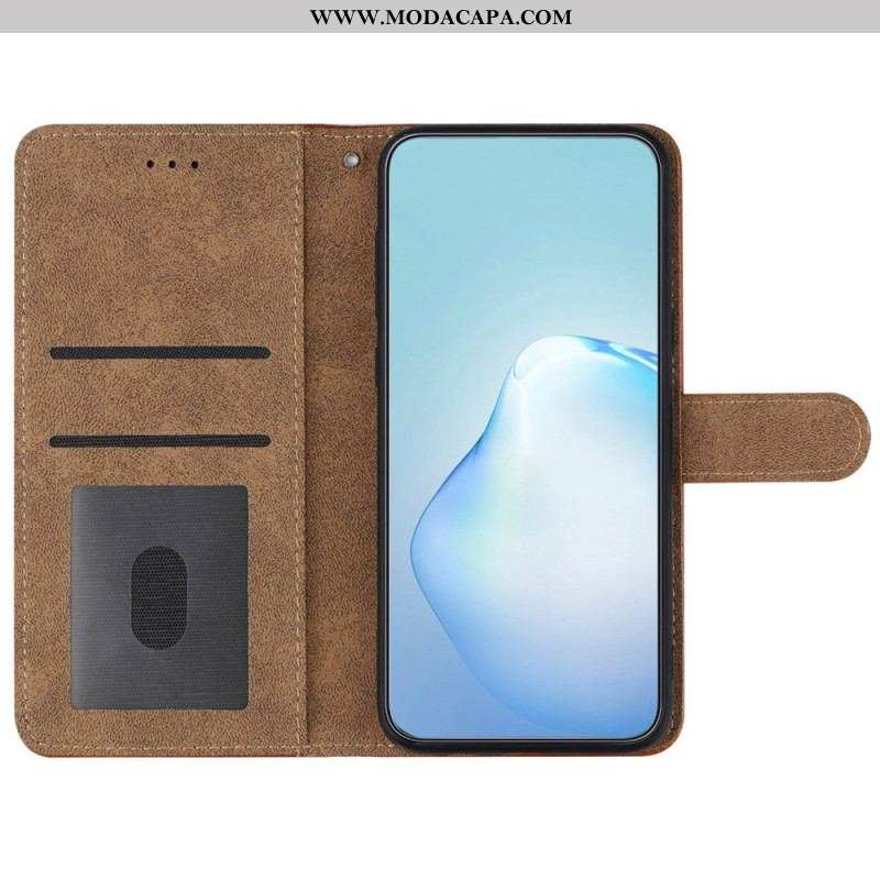 Capa Flip Para iPhone 14 Plus De Cordão Alça Com Costura Geométrica Efeito Couro