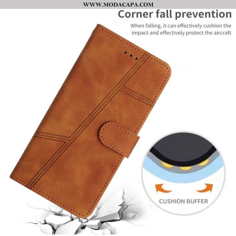 Capa Flip Para iPhone 14 Plus De Cordão Alça Com Costura Geométrica Efeito Couro