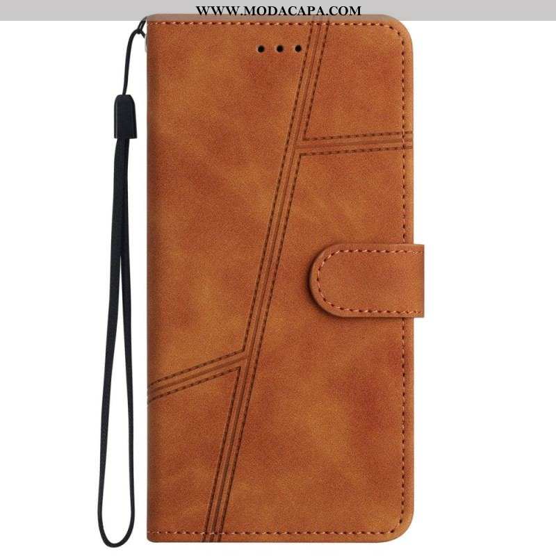 Capa Flip Para iPhone 14 Plus De Cordão Alça Com Costura Geométrica Efeito Couro