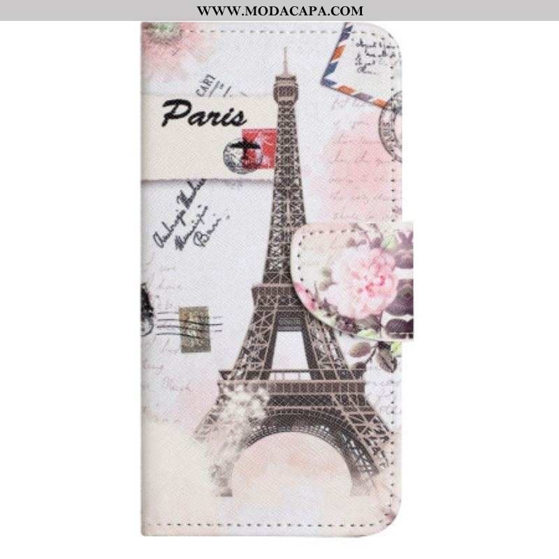 Capa De Couro Para iPhone 14 Plus Torre Eiffel Antiga