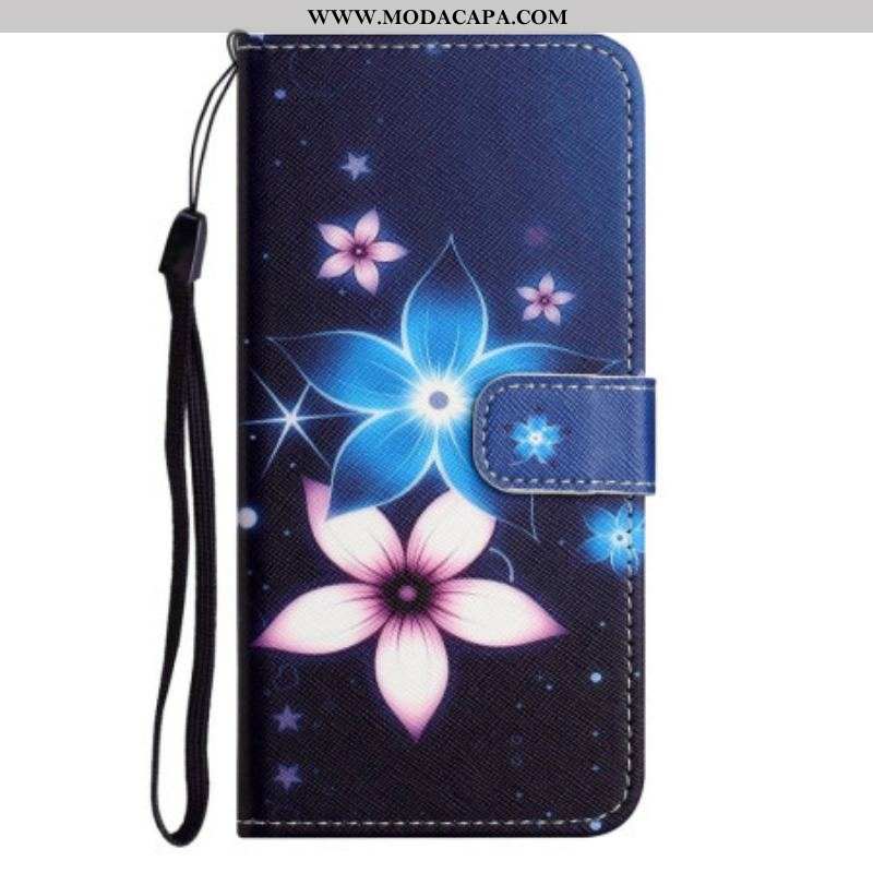 Capa Folio Para iPhone 14 Plus De Cordão Flores De Cinta Lunar