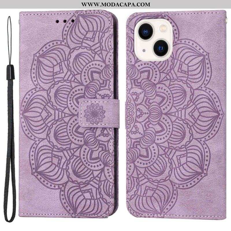 Capa Flip Para iPhone 14 Plus Mandala Com Cordão