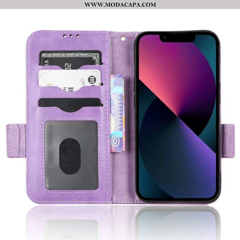 Capa De Couro Para iPhone 14 Plus Flip Aba Dupla E Padrão Triangular