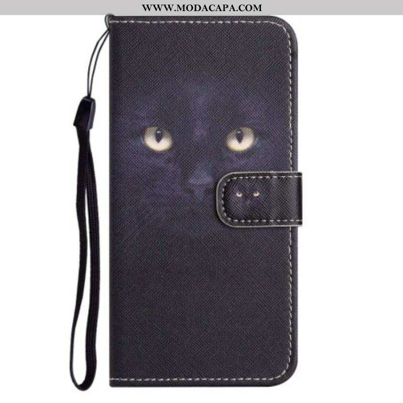 Capa De Couro Para iPhone 14 Plus De Cordão Gato Preto Com Alça