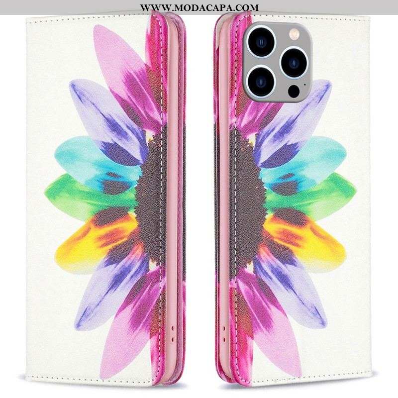 Capa De Celular Para iPhone 14 Pro Max Flip Flor Aquarela