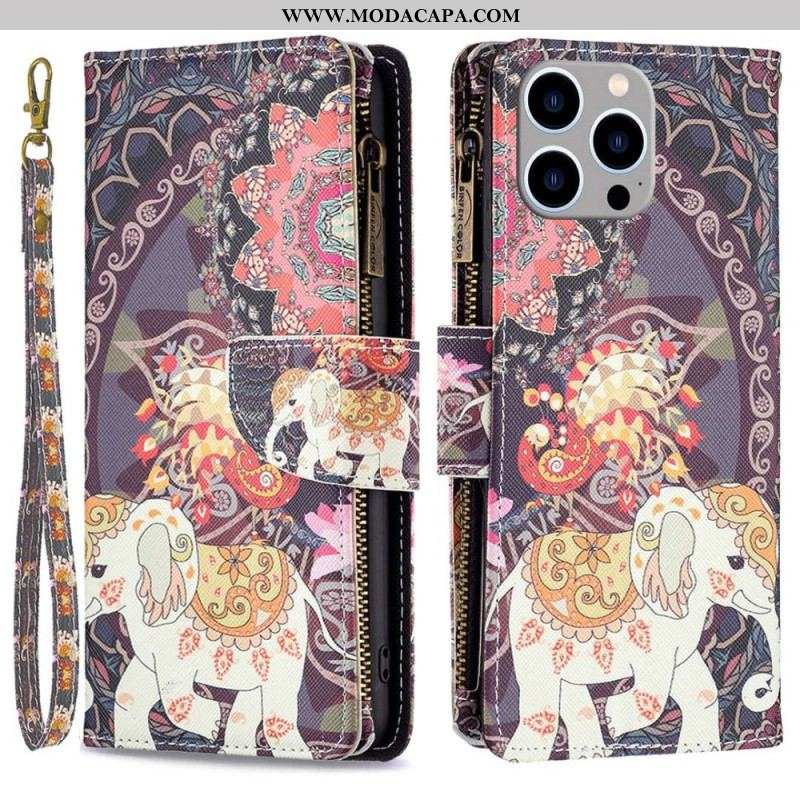 Capa Flip Para iPhone 14 Pro Max Bolso Elefante Com Zíper