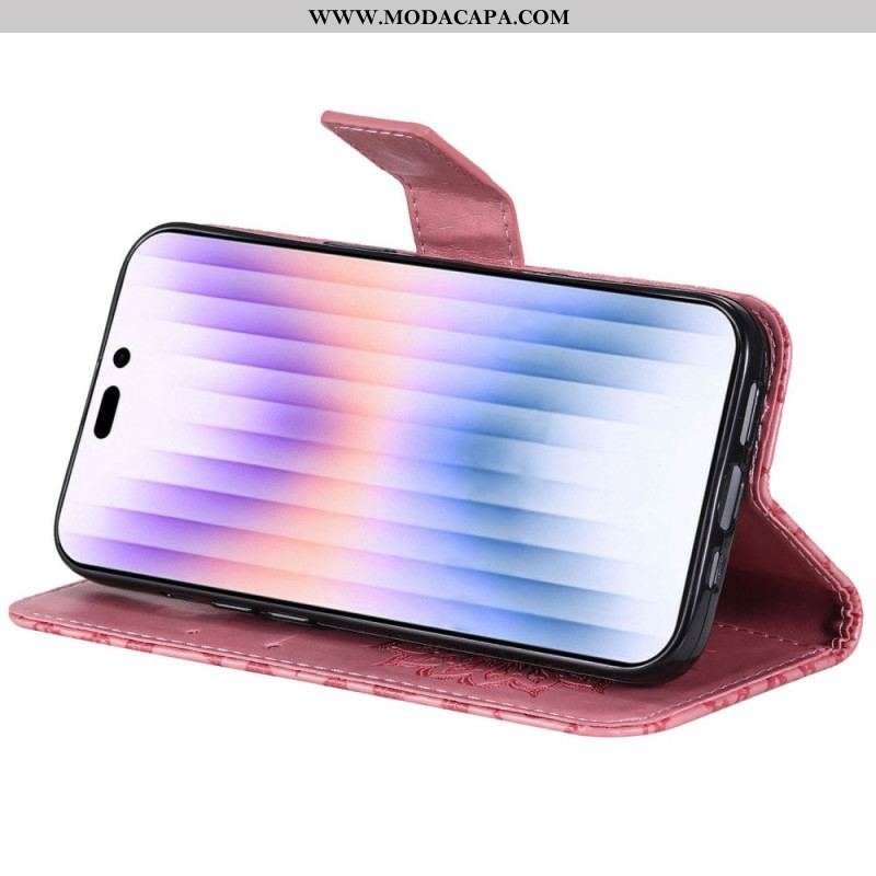 Capa De Couro Para iPhone 14 Pro Max Mandala Sol Com Cordão