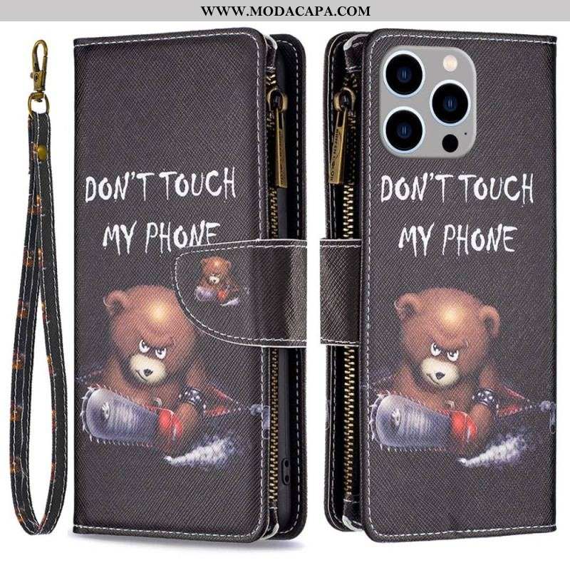 Capa Folio Para iPhone 14 Pro Max Urso Perigoso Com Bolso Fechado