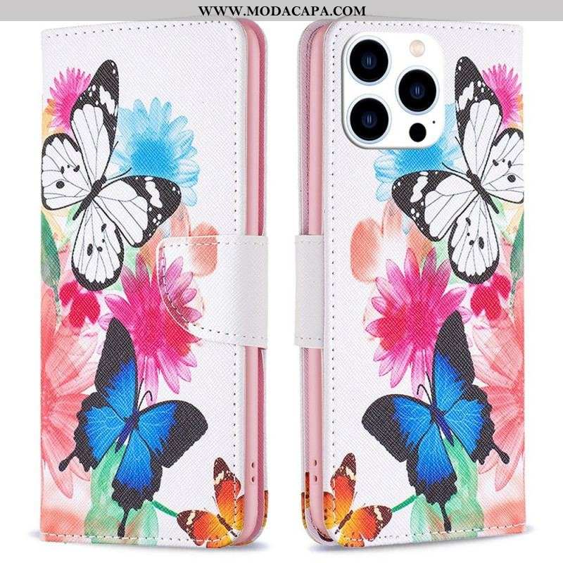 Capa Folio Para iPhone 14 Pro Aquarela Borboletas