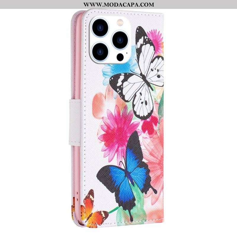 Capa Folio Para iPhone 14 Pro Aquarela Borboletas