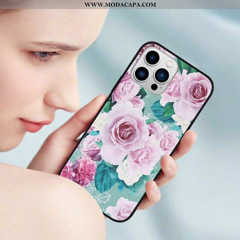 Capa Para iPhone 14 Pro Couro Sintético Floral