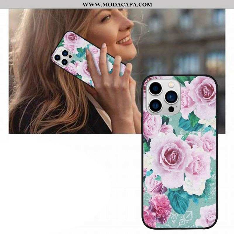 Capa Para iPhone 14 Pro Couro Sintético Floral