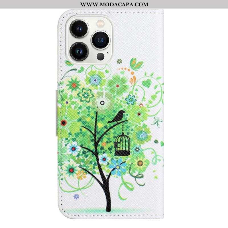 Capa De Couro Para iPhone 14 Pro Árvore Verde