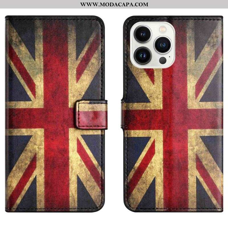 Capa Flip Para iPhone 14 Pro Bandeira Inglesa Vintage