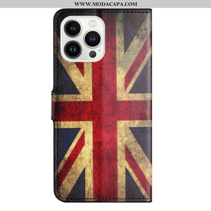 Capa Flip Para iPhone 14 Pro Bandeira Inglesa Vintage