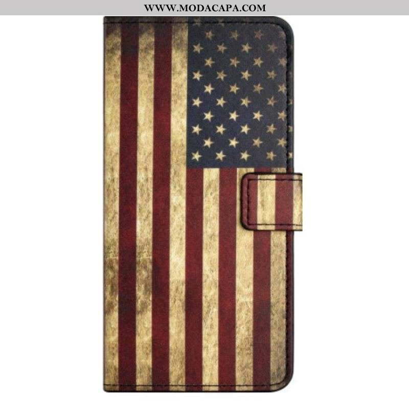 Capa De Couro Para iPhone 14 Pro Bandeira Americana Vintage