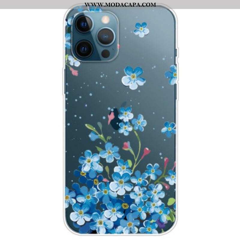 Capa Para iPhone 14 Pro Flores Azuis Sem Costura