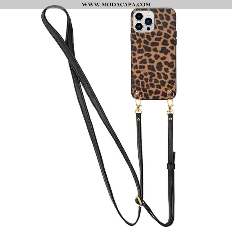 Capa Para iPhone 14 Pro Leopardo Com Alça De Ombro