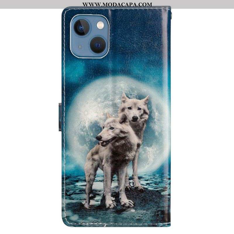 Capa Flip Para iPhone 15 Plus De Cordão Lobos De Cordão