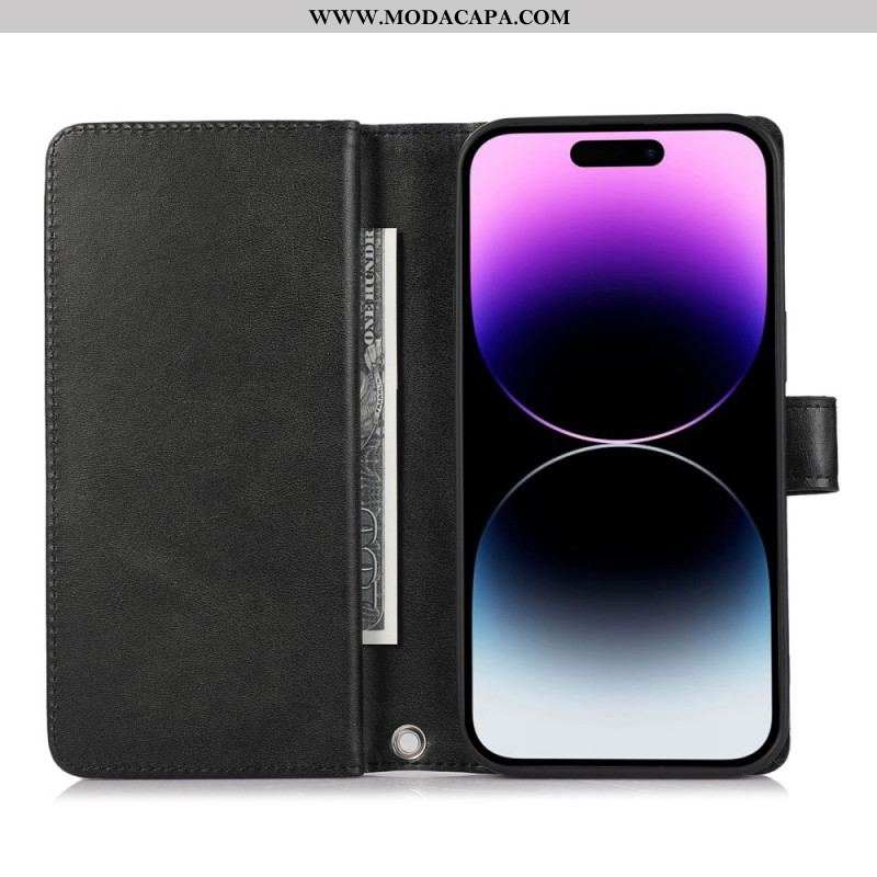 Capa De Couro Para iPhone 15 Plus Multicartões E Bolso Frontal