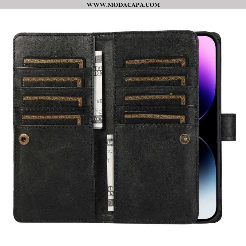 Capa De Couro Para iPhone 15 Plus Multicartões E Bolso Frontal