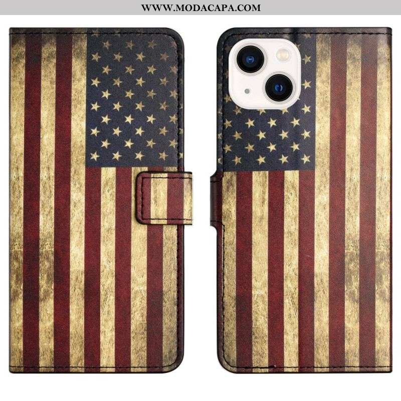 Capa De Couro Para iPhone 15 Plus Bandeira Vintage Dos Eua