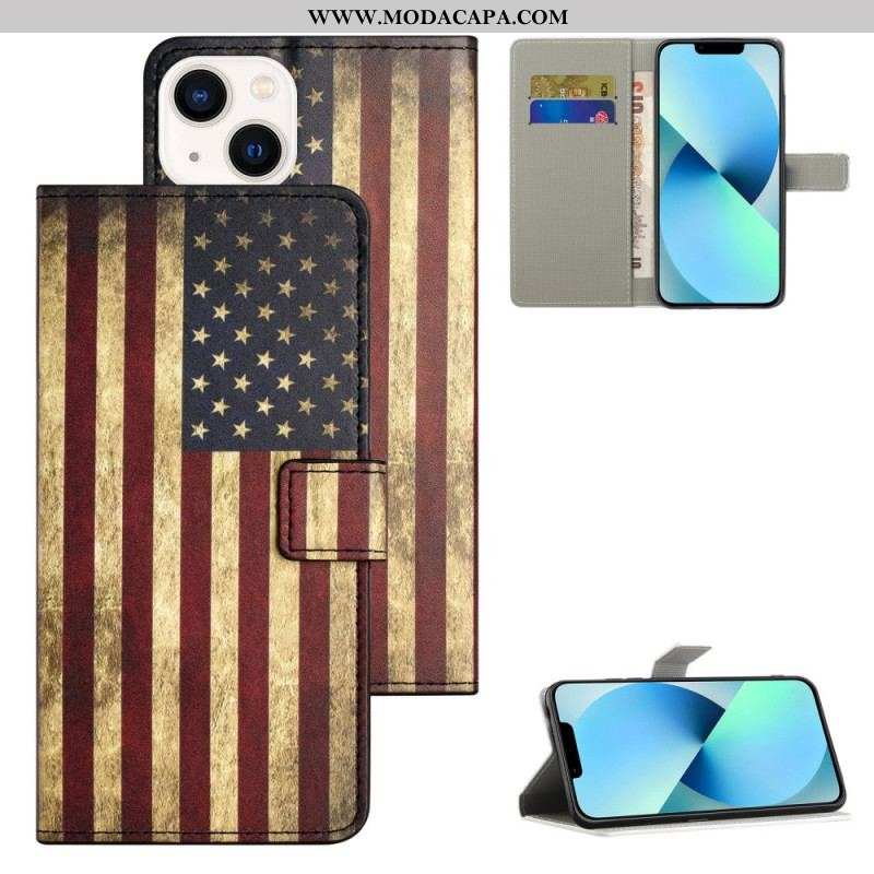 Capa De Couro Para iPhone 15 Plus Bandeira Vintage Dos Eua