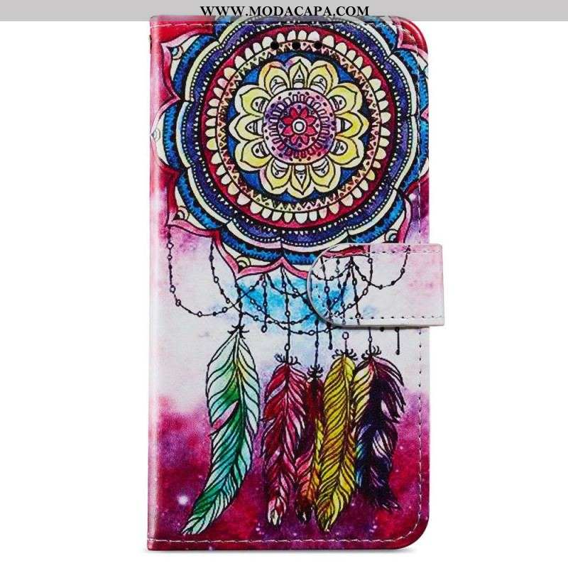 Capa Flip Para iPhone 15 Plus De Cordão Apanhador De Sonhos Aquarela Com Alça