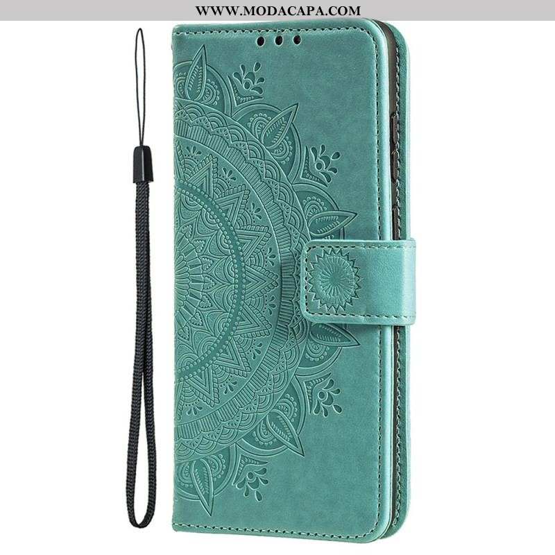 Capa Em Pele Para iPhone 15 Plus Mandala Do Sol Com Cordão