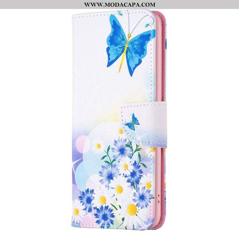 Capa Flip Para iPhone 15 Plus Borboletas Em Aquarela