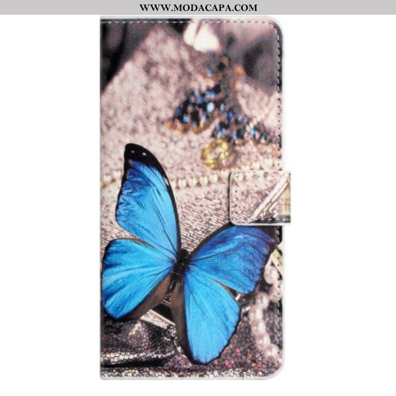 Capa Flip Para iPhone 15 Plus Borboleta Azul