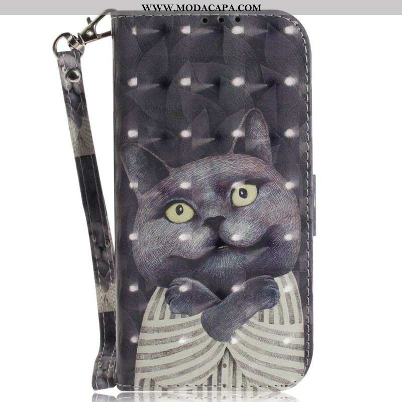 Capa Flip Para iPhone 15 Plus De Cordão Gato Gráfico Com Cordão