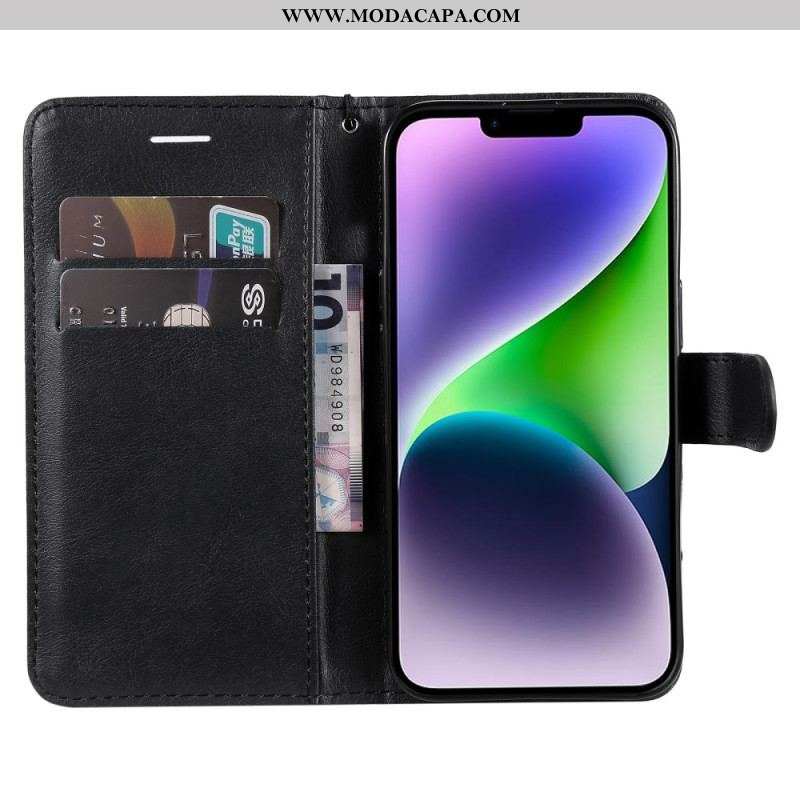 Capa Em Pele Para iPhone 15 Plus De Cordão Couro Sintético Liso Com Alça